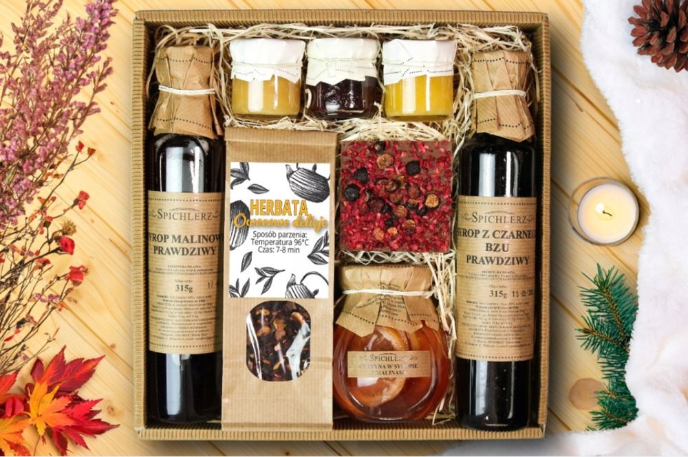Zestaw KOSZ PREZENTOWY Upominek Herbata Syrop Miód Naturalny Kraftowy