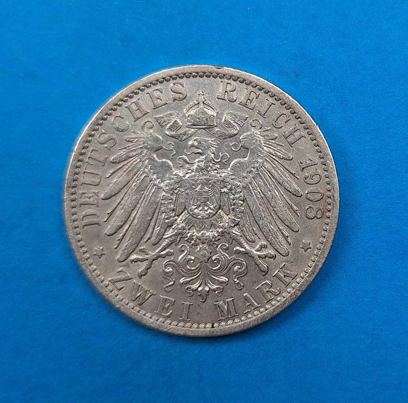 Niemcy Cesarstwo, Prusy 2 marki 1908, Wilhelm II, bdb stan Ag 0,900