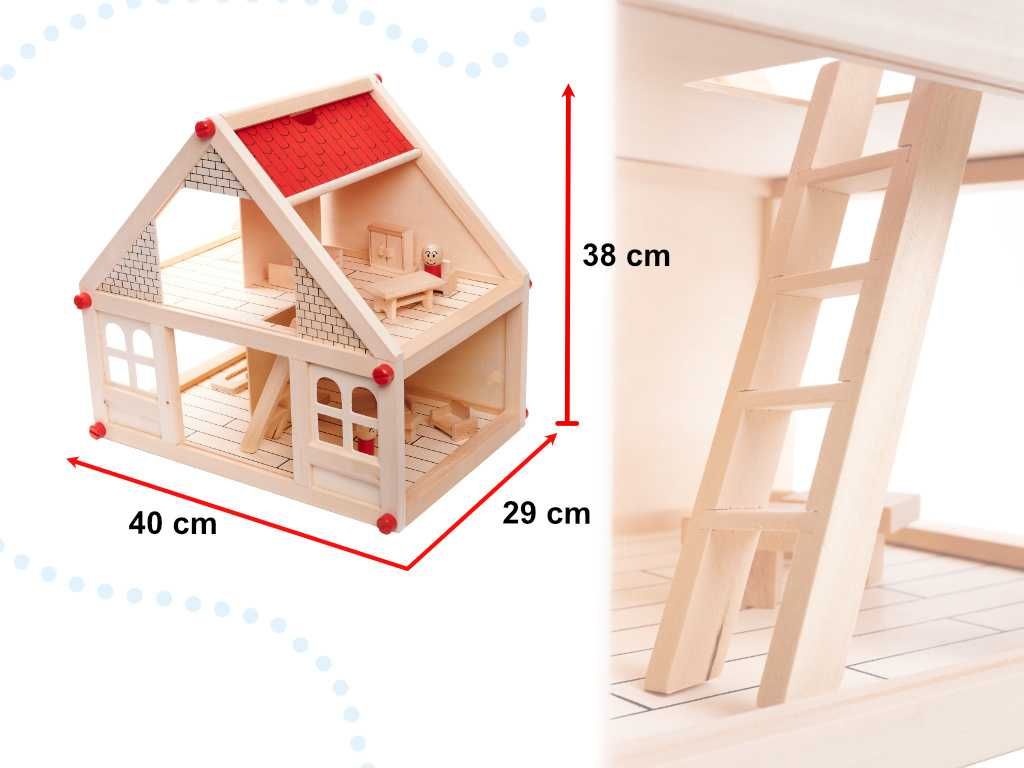 Drewniany domek dla lalek + mebelki i ludziki 40cm