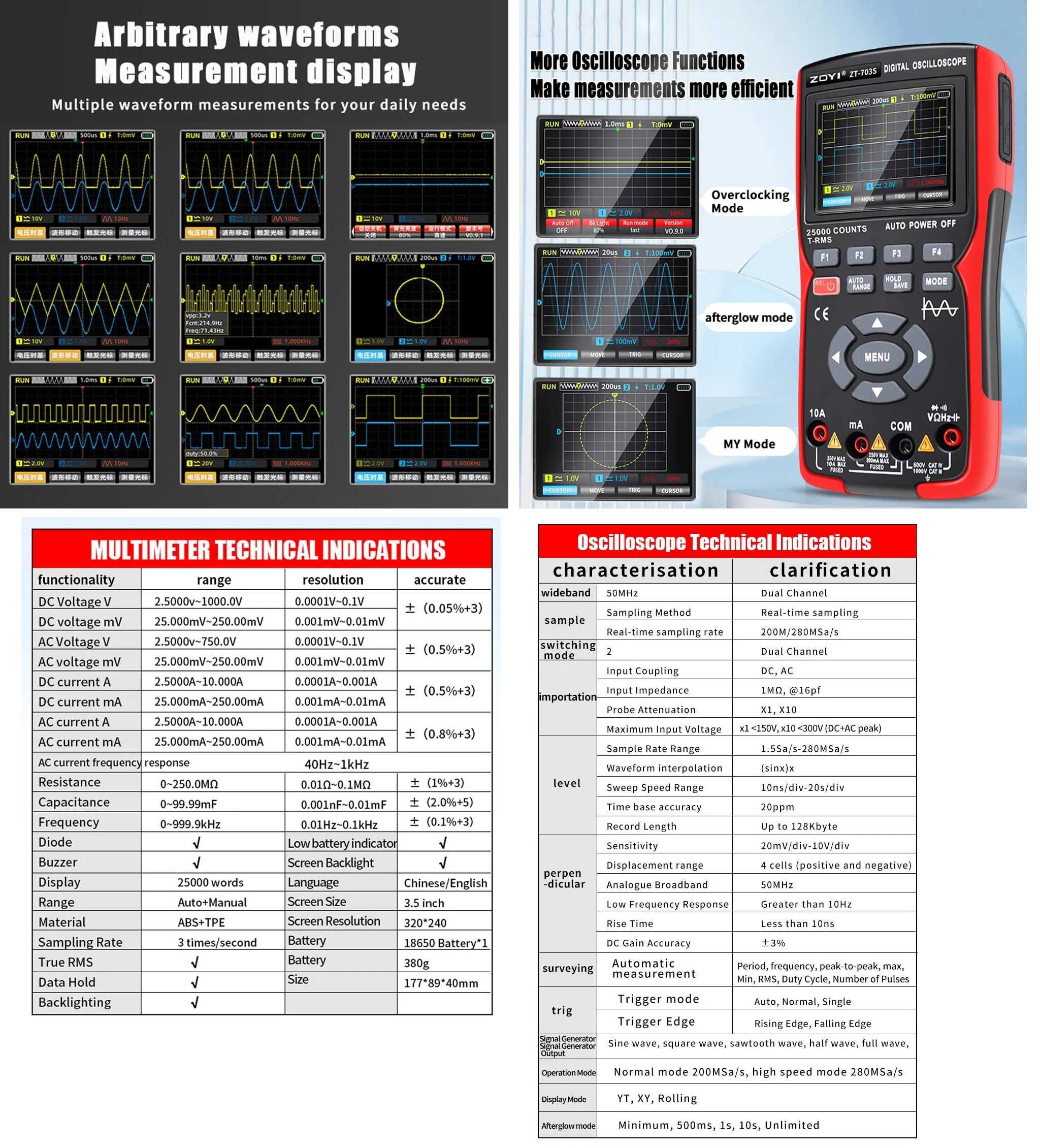 Digital miernik z oscyloskopem dwukanałowy ZOYI ZT-703S 3w1  250MS/S