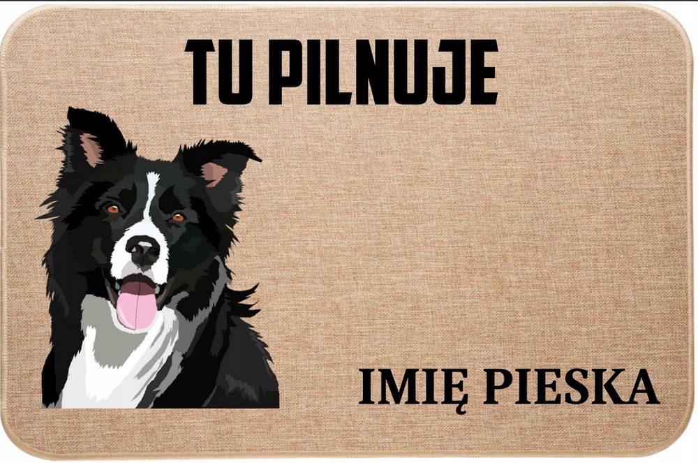lniana wycieraczka wejściowa tu pilnuje + imię pieska boarder collie