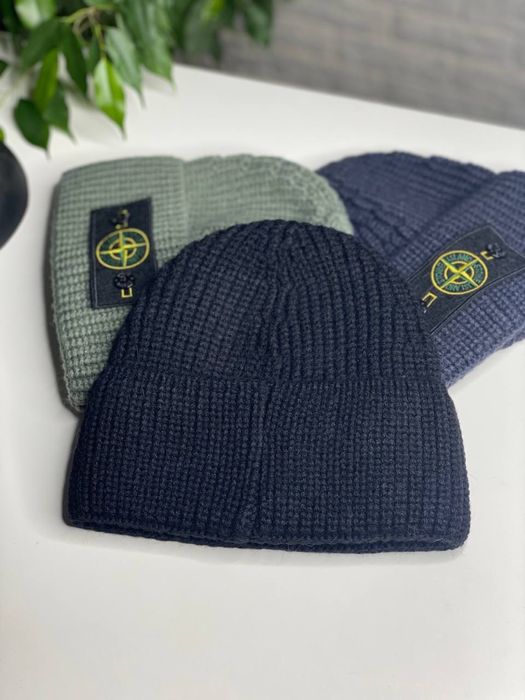 Мужская шапка STONE ISLAND зимняя с патчем вязанная двойная Черная Хак