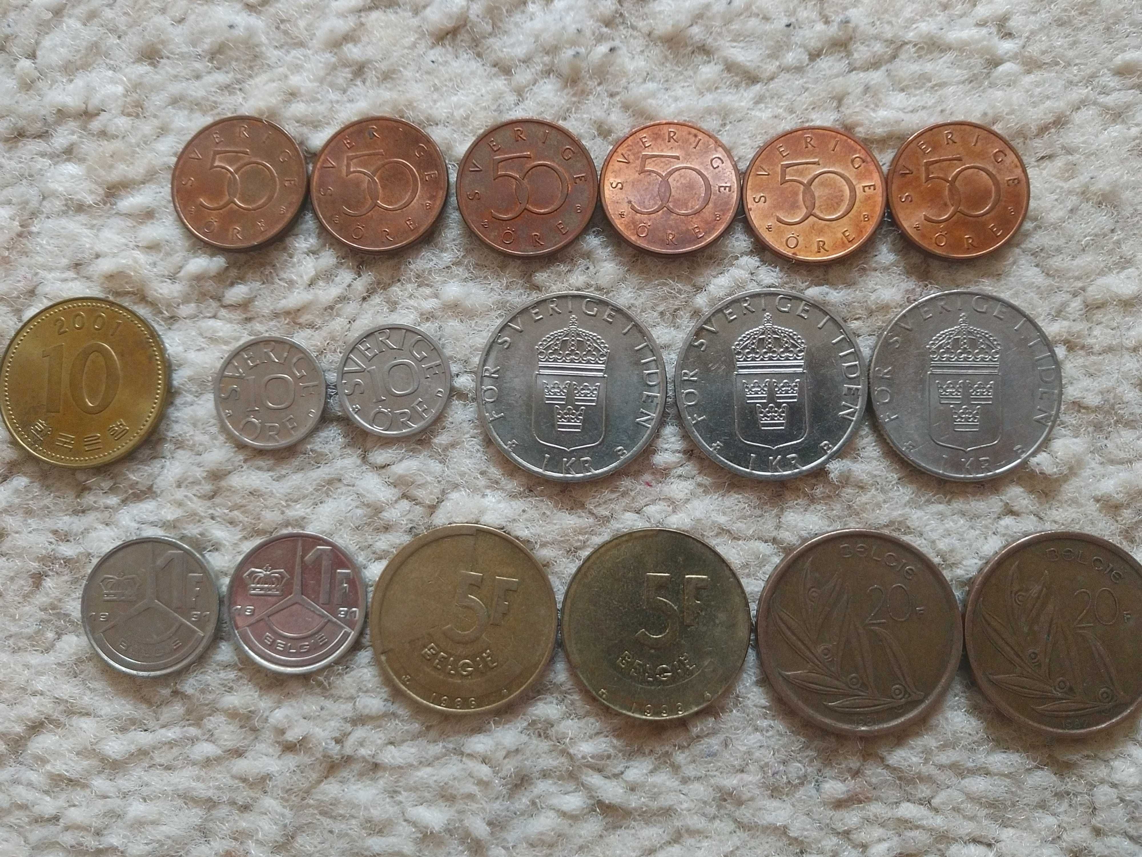 Монети Бельгія 1, 5, 20 франків; Швеція 1 крона, Південна Корея 10 вон