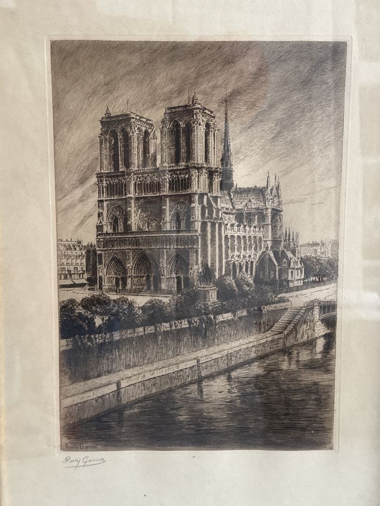 Stara akwaforta Notre Dame sygnowana Lucy Garnot