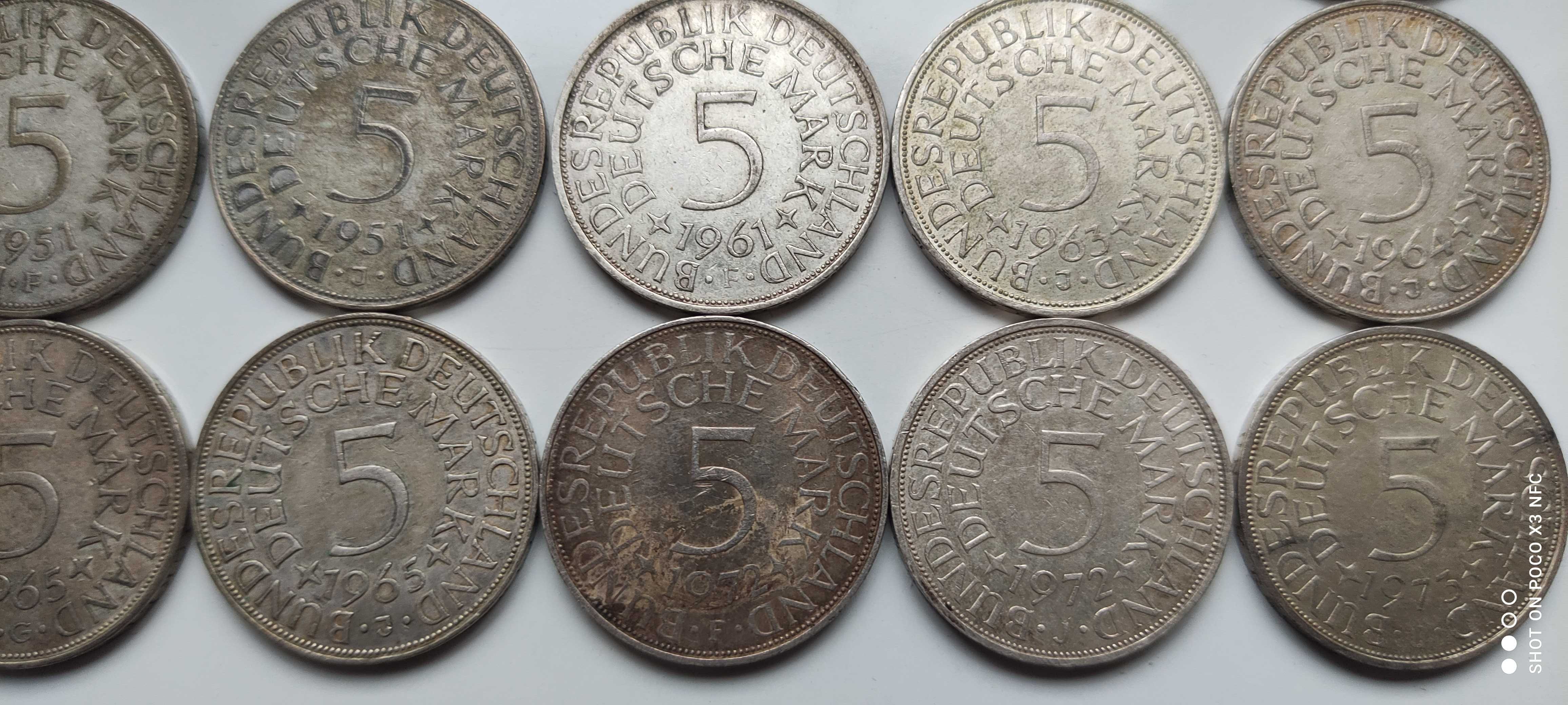 Monety srebrne zestaw 18 sztuk 5 marek Niemcy RFN srebro Ag