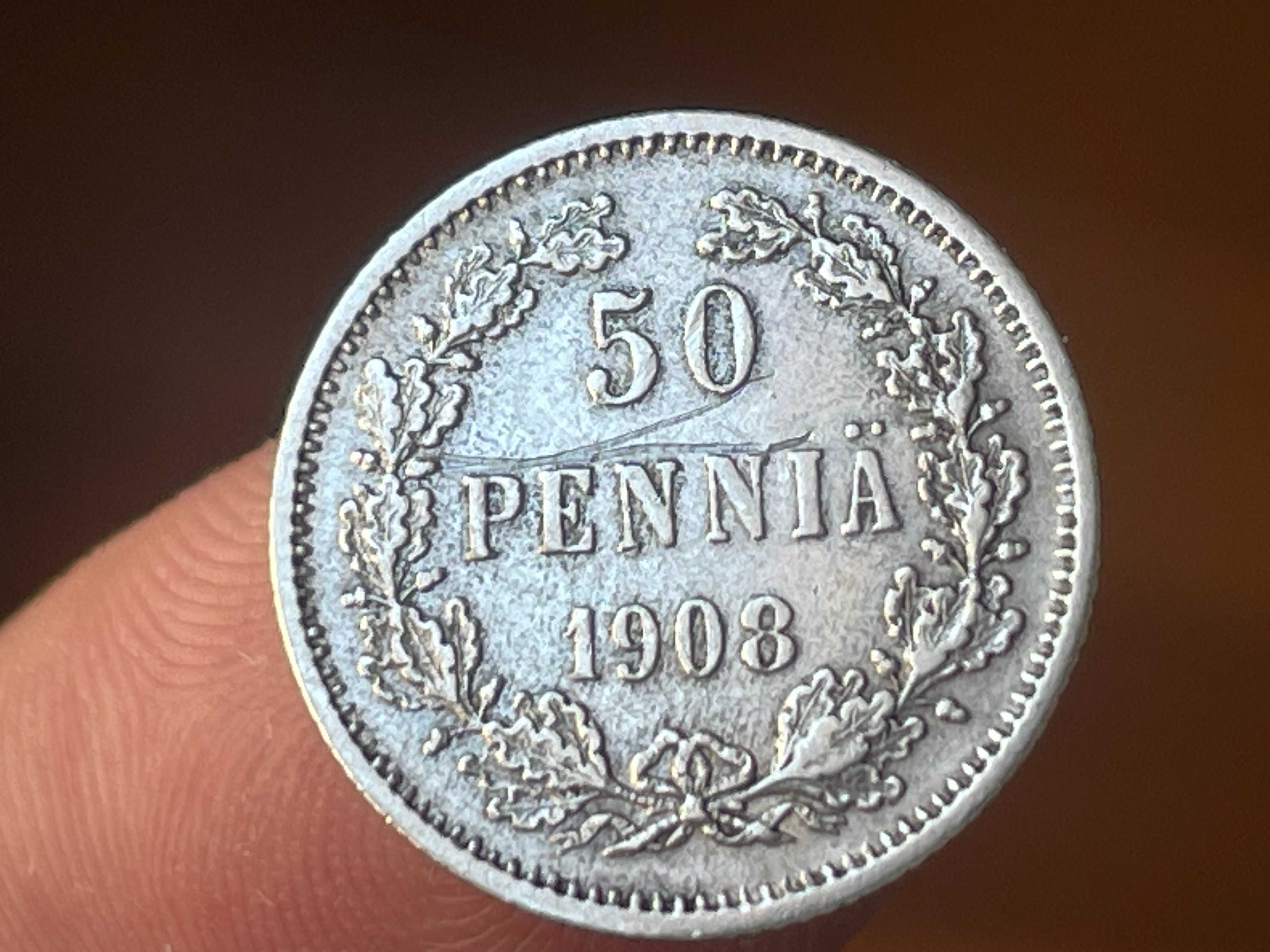 moeda em prata 50 pennia Finlândia 1908