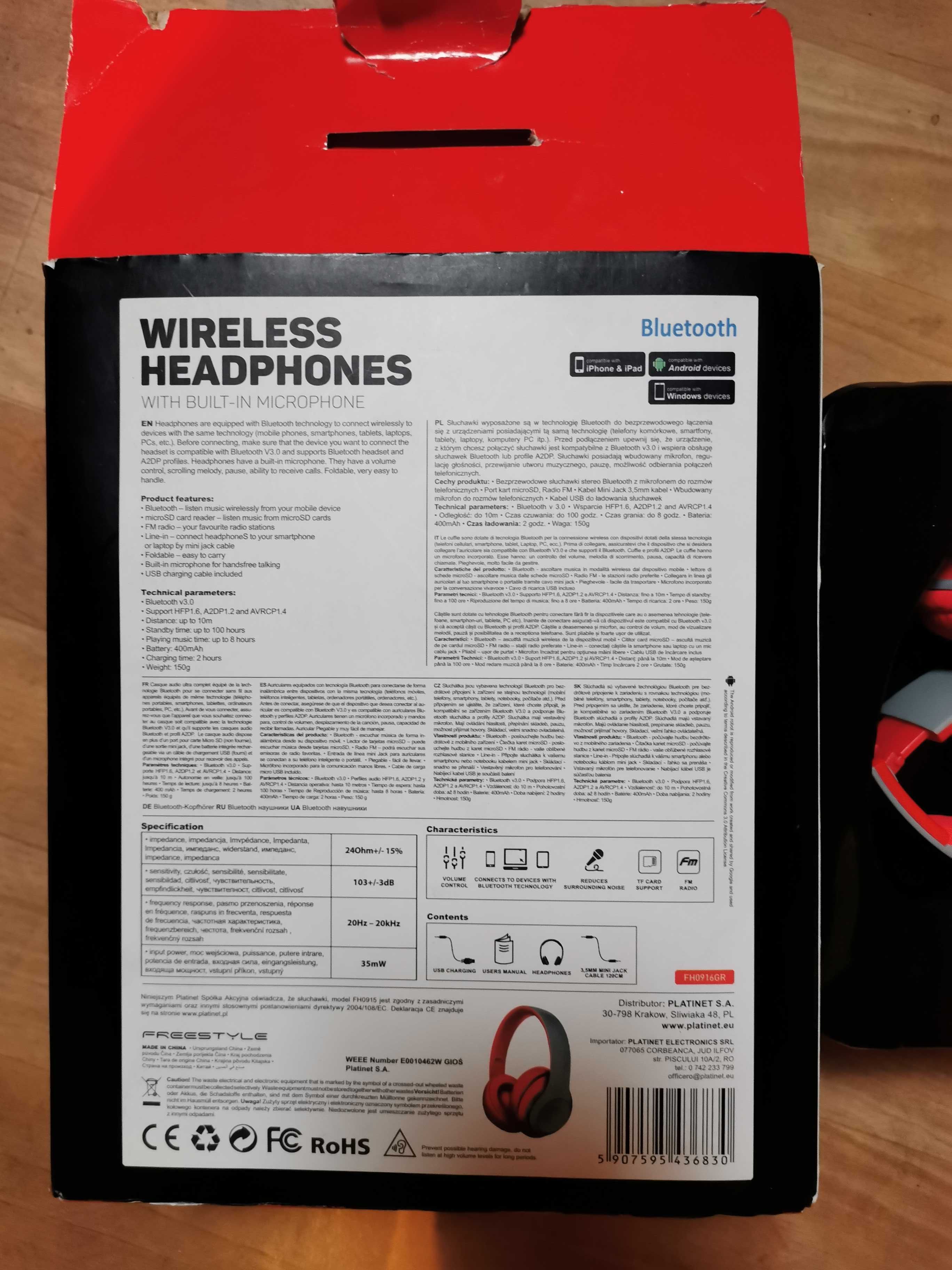 Słuchawki Bluetooth FREESTYLE FH0916GR Szaro/Czerw