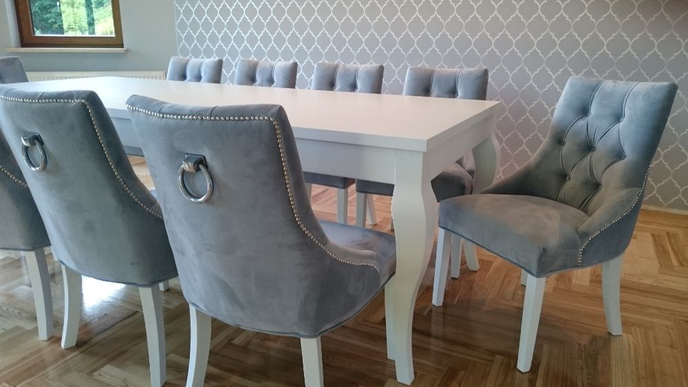 Krzesło tkanina siwa szara z kołatką hampton glamour chesterfield nowe