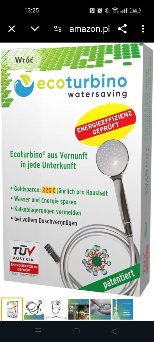 Ecoturbino słuchawka prysznicowa z wężem prysznicowym