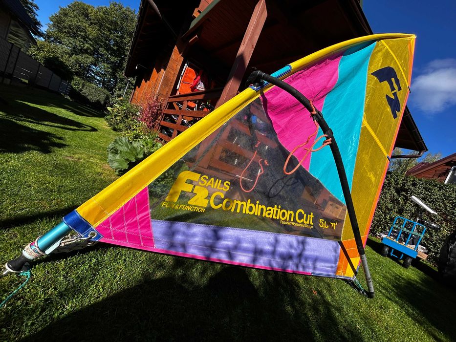 Deska windsurfing zestaw F2, 3 żagle, trapez-linki, 2 przeguby, miecz