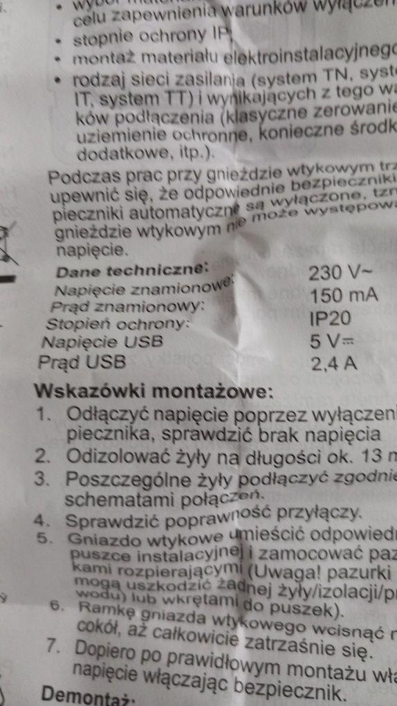 Gniazdo 230V p/t z ładowarką USB 2,4 A