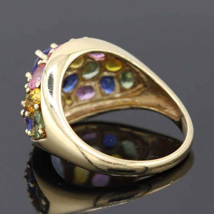 Złoty pierścionek z tanzanitem i kolorowymi szafirami kolorowy 9K
