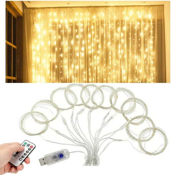 Kurtyna świetlna LED 3X3m 300 led lampki ciepły biały USB