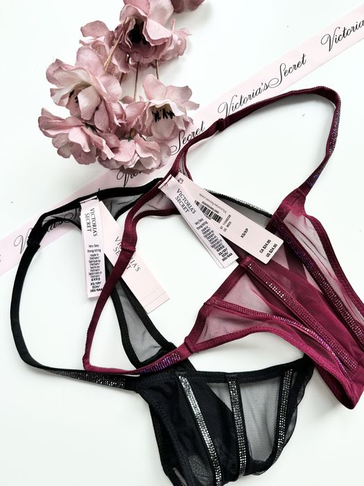 Zestaw bordowe i czarne stringi z kryształkami Victoria’s Secret