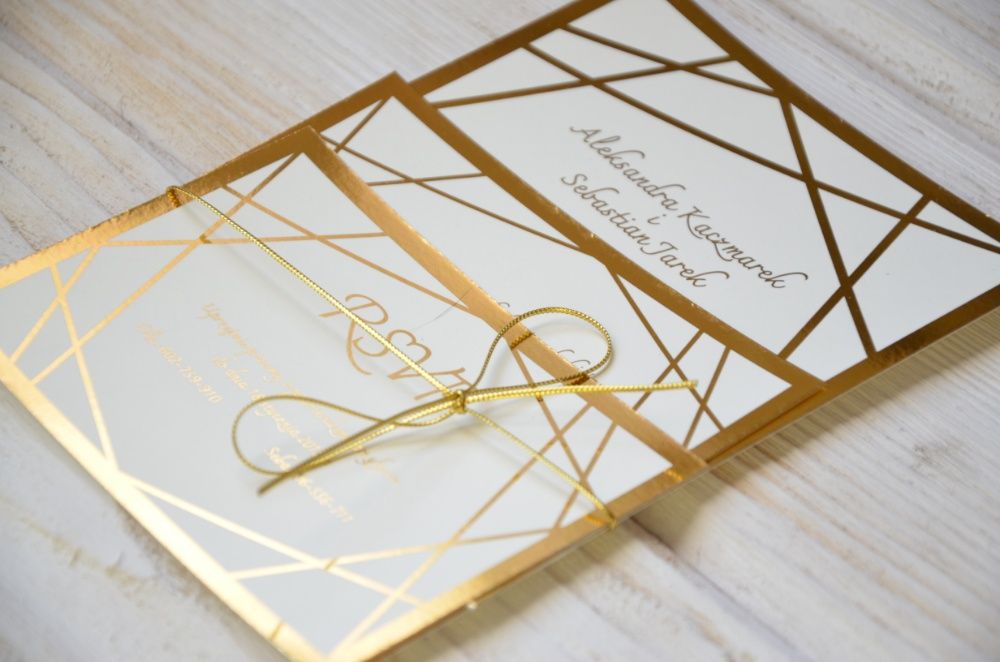 zaproszenia ślubne złote geometryczne 3 kartkowe