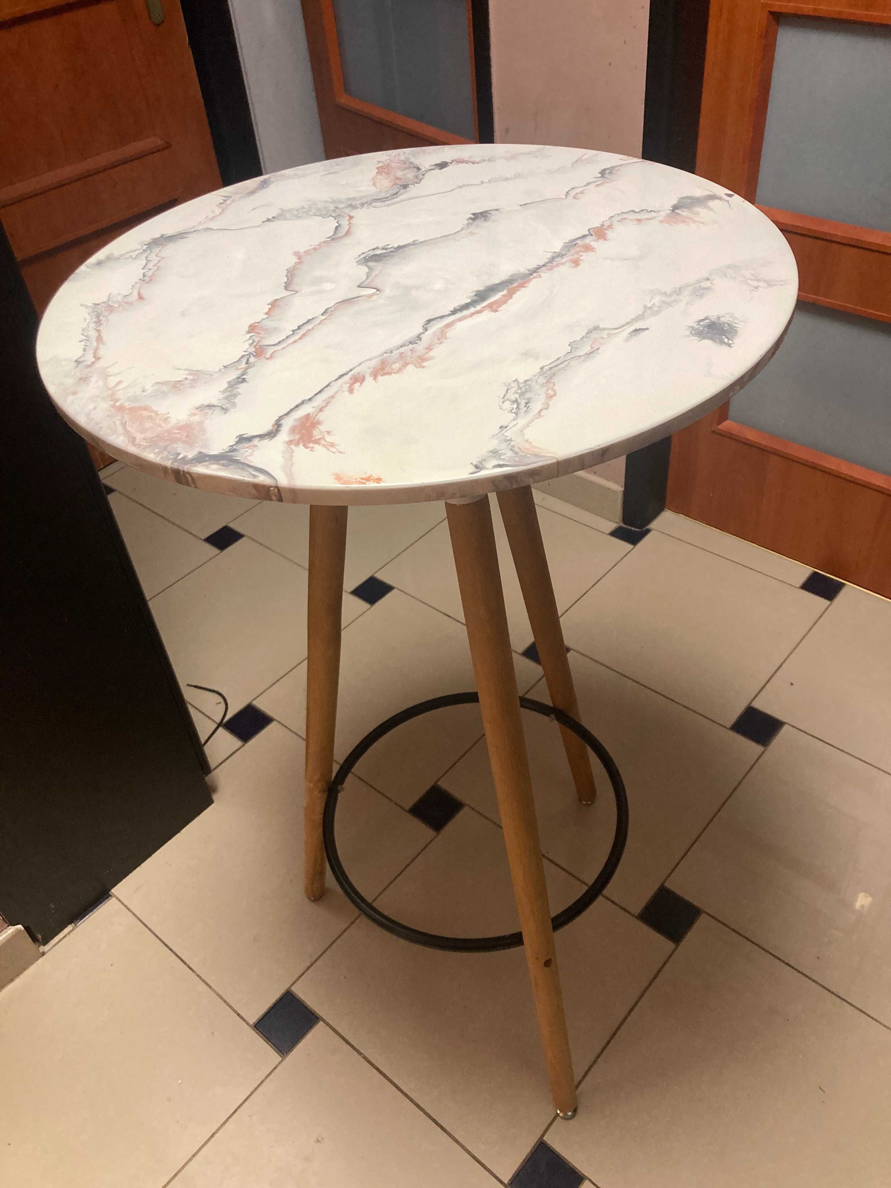 Stolik barowy okrągły 60x103 cm biały ciekawy wzór imitujący marmur