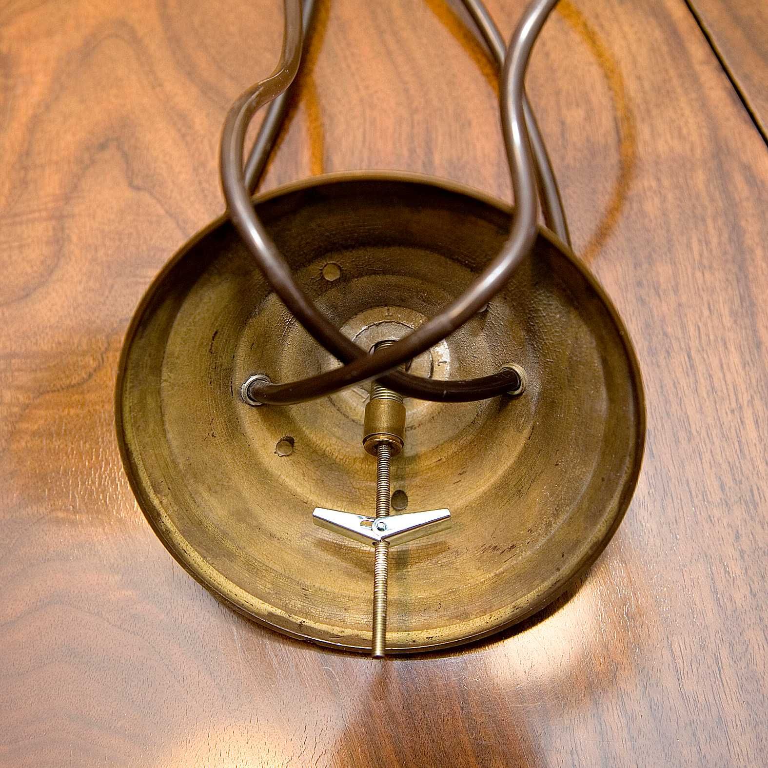 Lampa sufitowa, żyrandol szklany, vintage, mosiądz