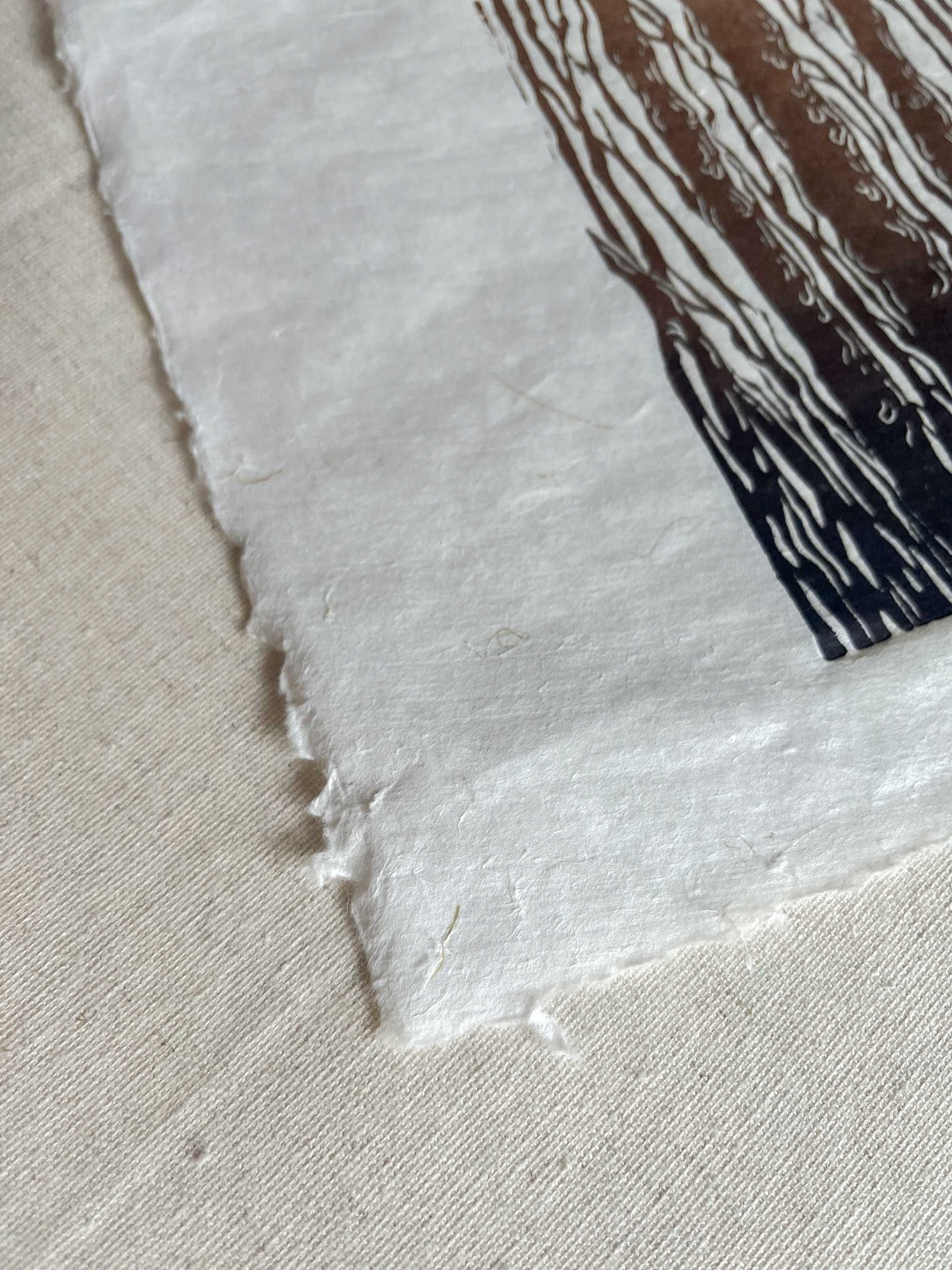 Linoryt na jap. papierze Kozo z bambusem i słomą ryżową w białej ramce