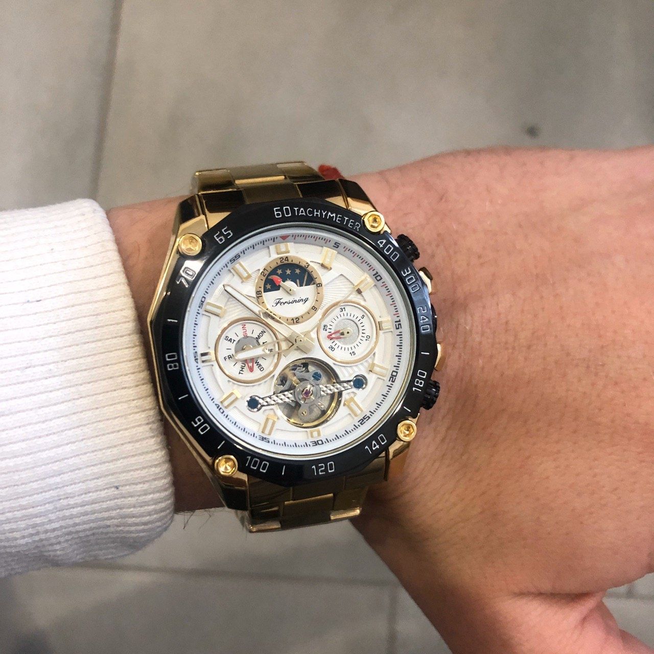 Оригинальные мужские наручные часы Forsining 6913 Gold-Black-White