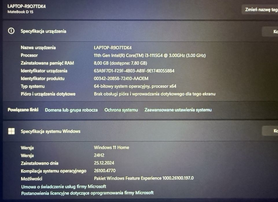 Laptop Huawei MateBook D15 2022 JakNowy !!! 15,6” i3-11th 8GbRAM 256.