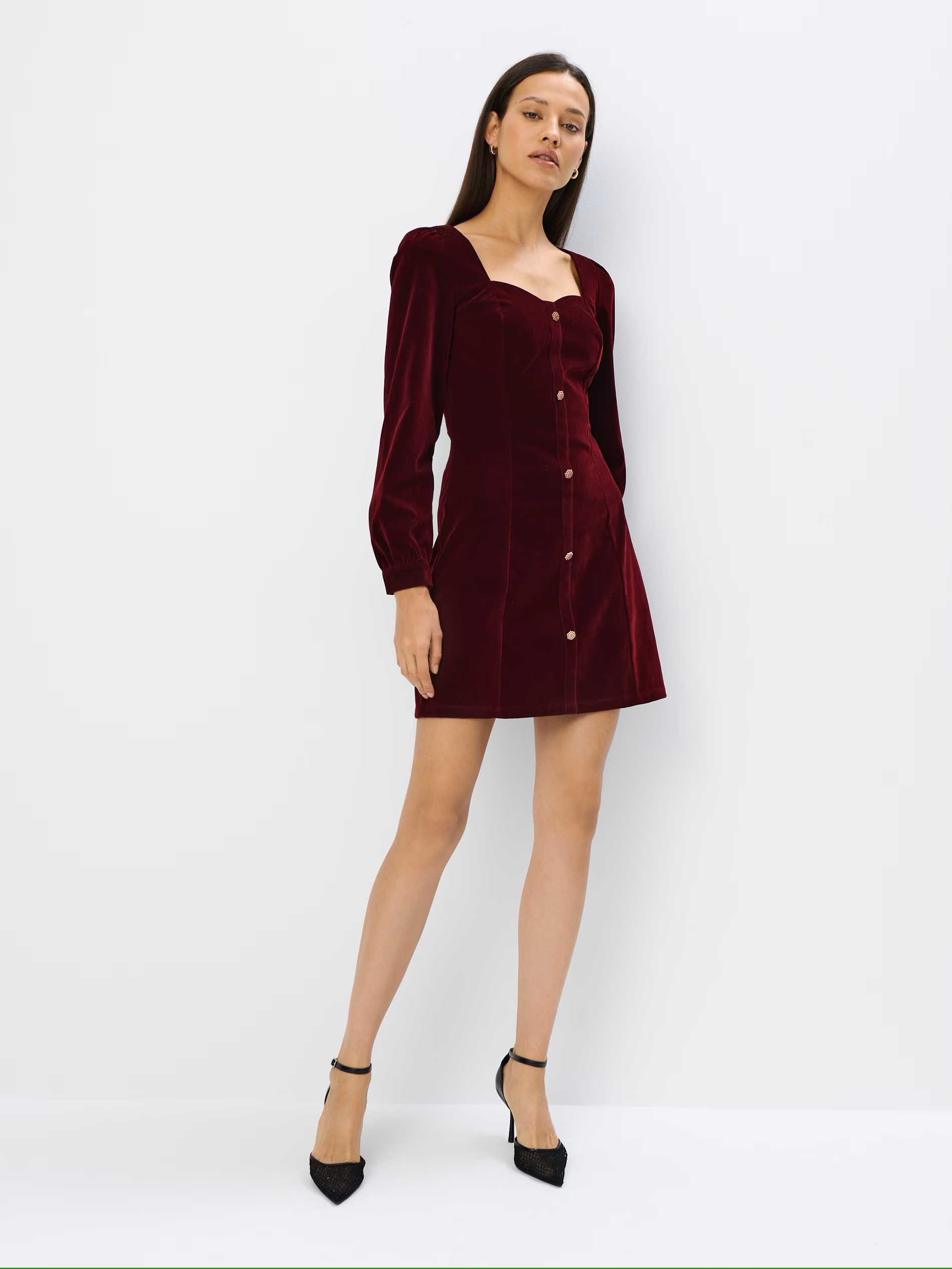 Sukienka bordo welur dekolt karo ozdobne guziki cyrkonie MOHITO 42/XL