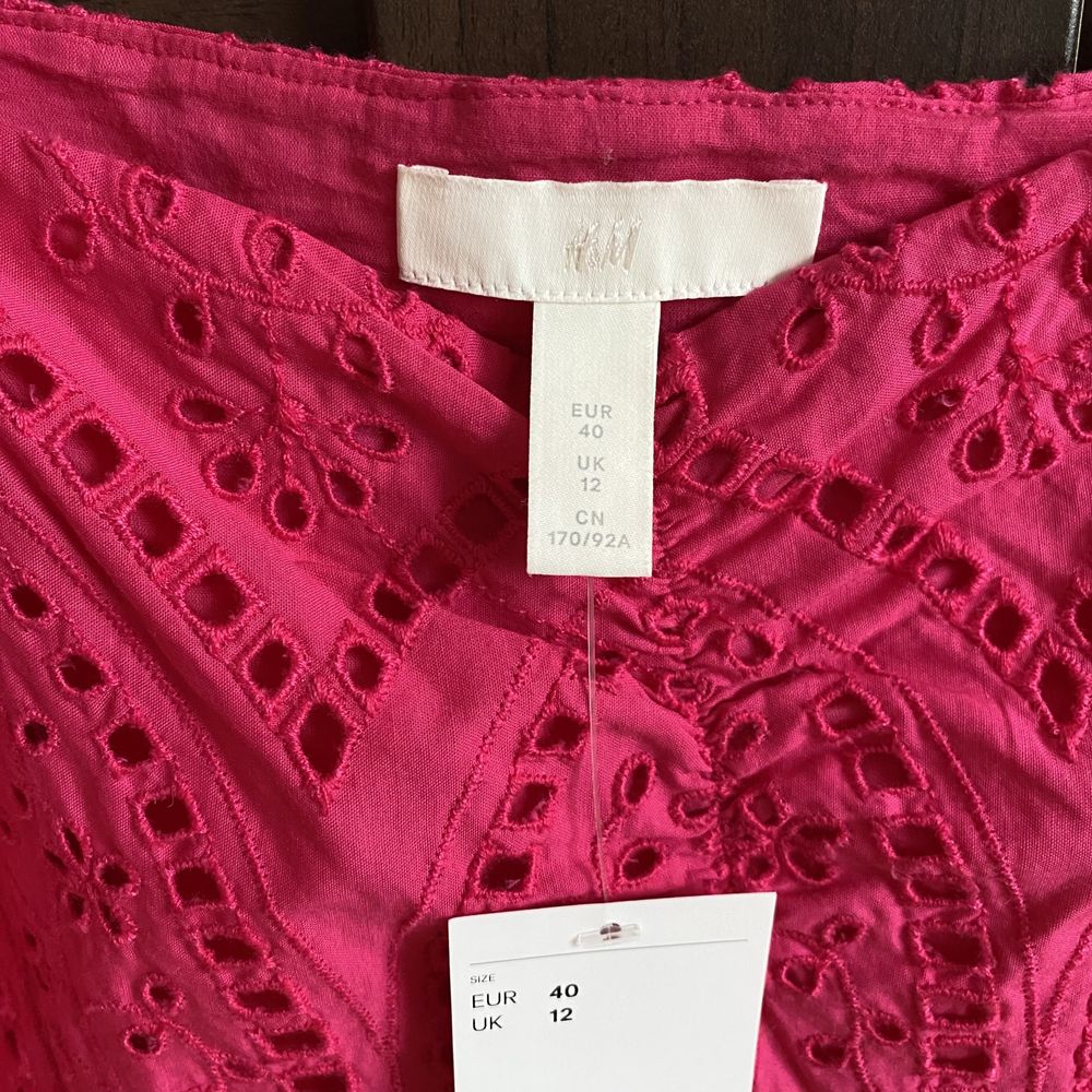 Bluzka z haftem angielskim H&M 40 L różowa fuksjowa z bufkami nowa