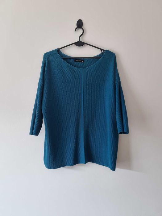 Damski sweter rękaw 3/4 Reserverd turkusowy sweter oversize szeroki
