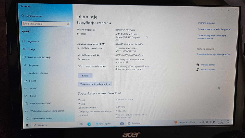 Laptop ACER Aspire V5-123 AMD E1-2100 4GB RAM/465GB dysk czarny 11,6"