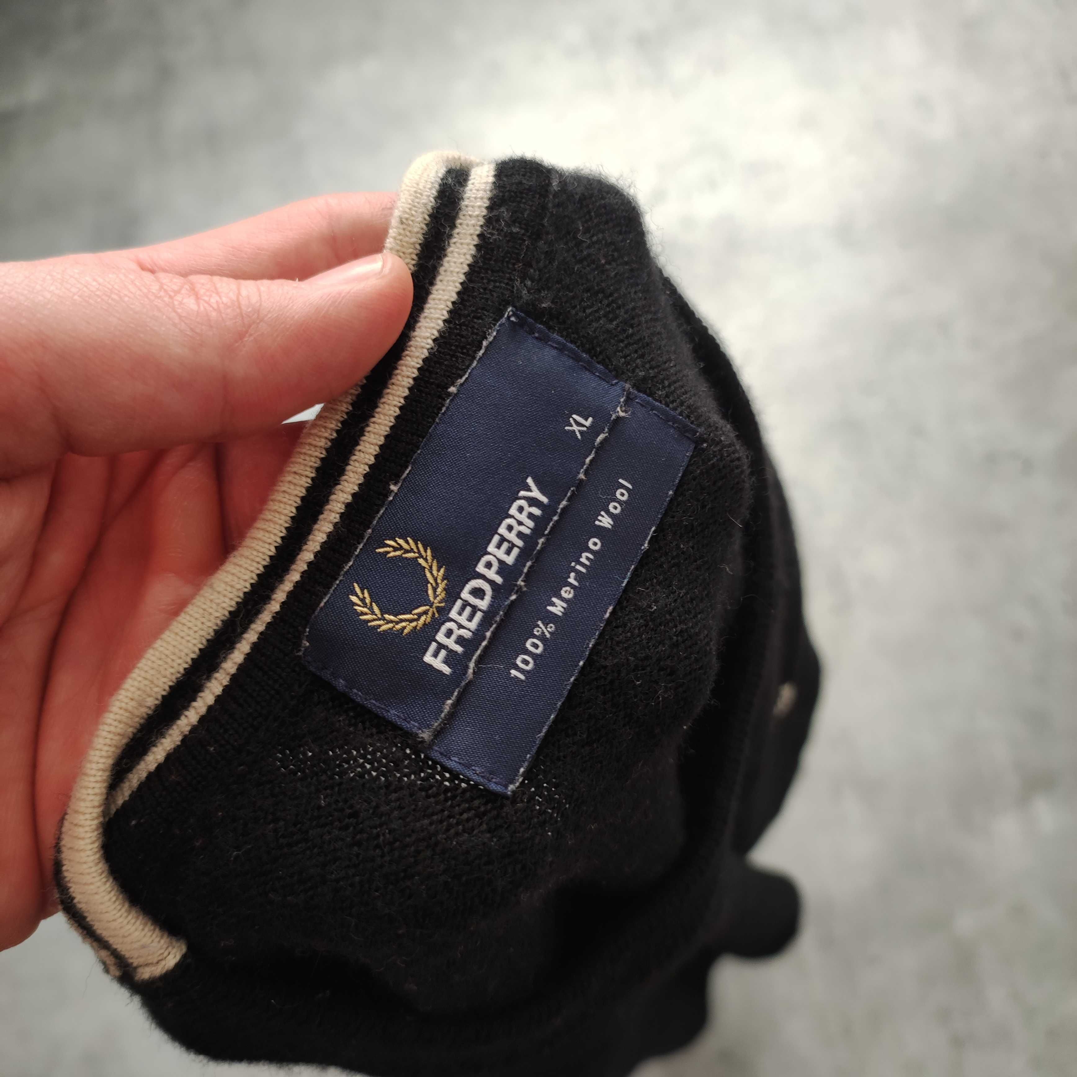 MĘSKI Elegancki Sweter Wełna MERINO Premium Czarny Pleciony Fred Perry