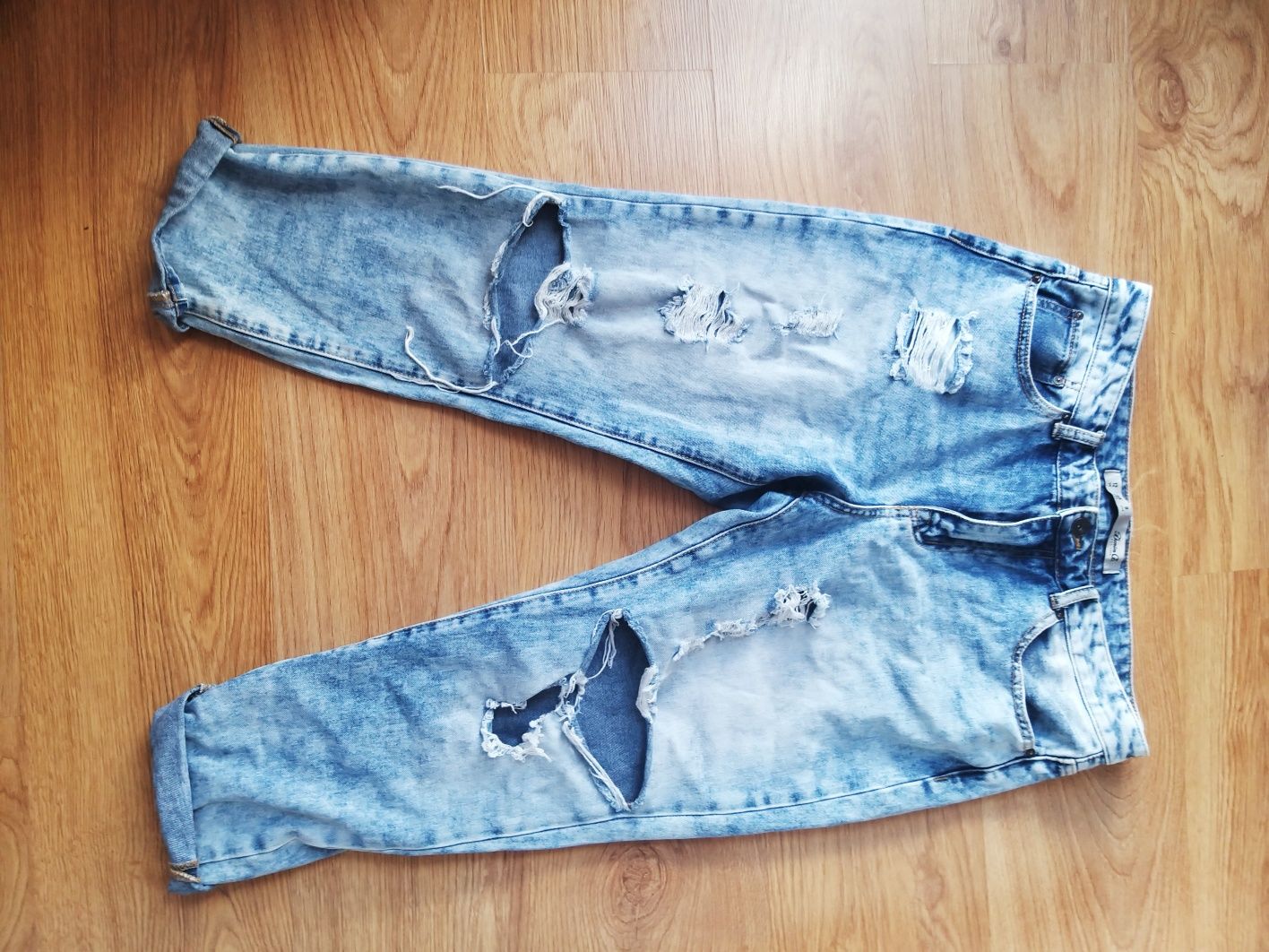 Cropped jeans denim dziurami jeansy L 40 boyfriend girlfriend wytarte