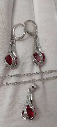 Srebrny komplet biżuterii pr.925 czerwona cyrkonia