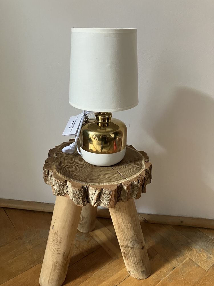 Lampa stołowa podstawa metal żółto/biały klosz płótno ecru