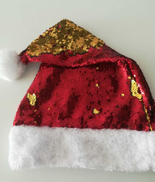 Czapka Mikołaja cekiny złote Mikołajki i Boże Narodzenie