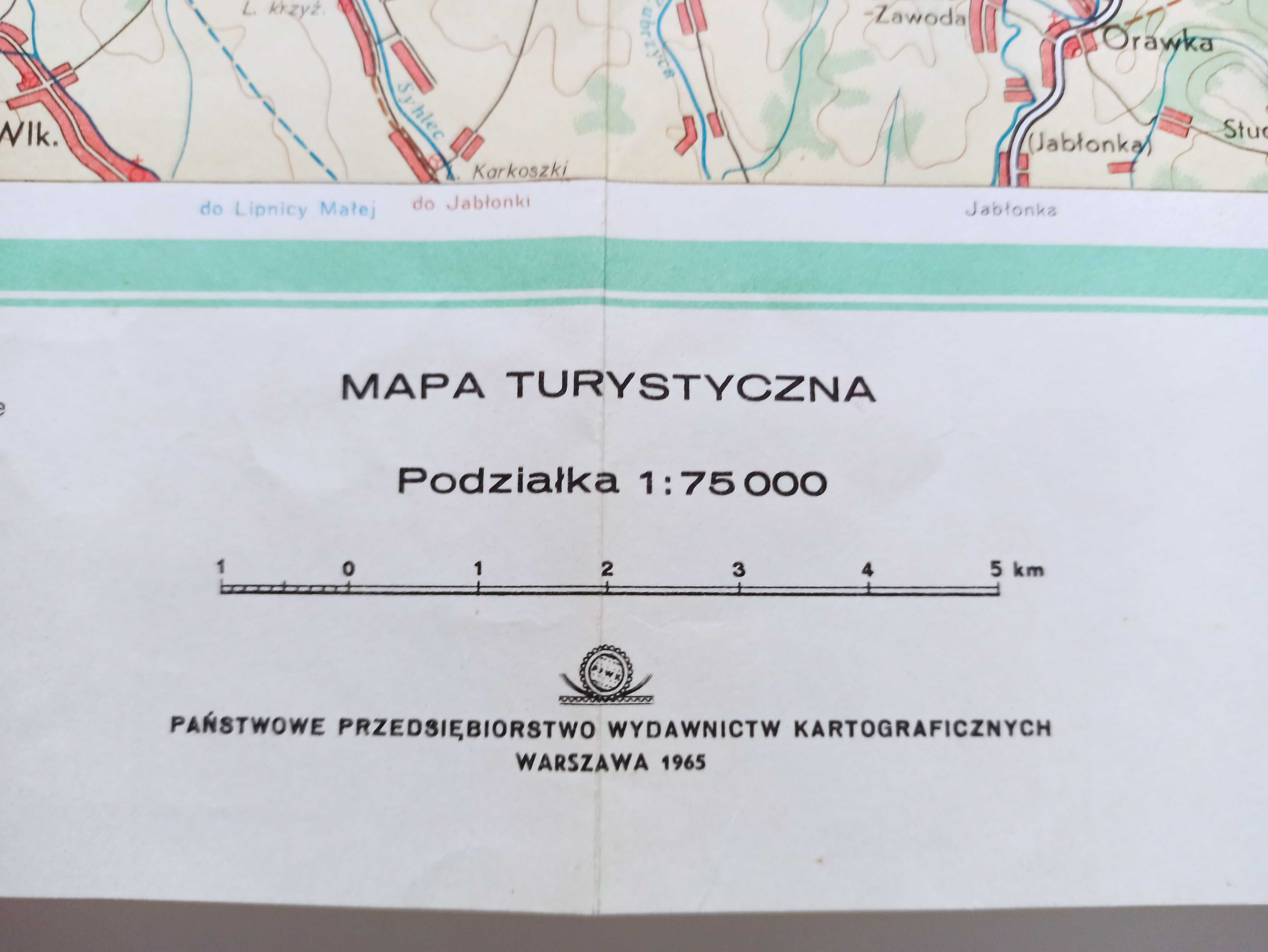 Pasmo babiogórskie i jałowieckie Mapa turystyczna 1965