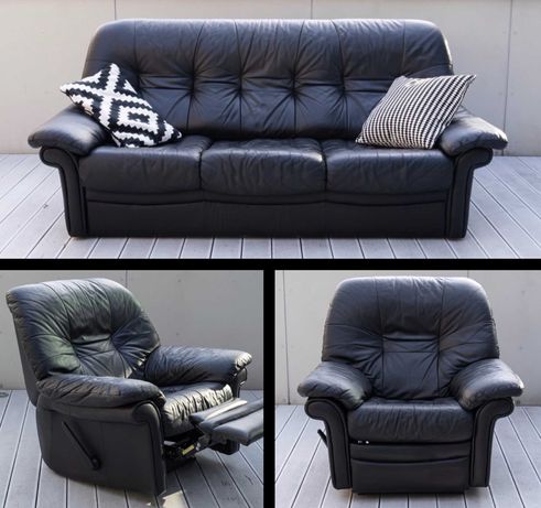 CENA ZA ZESTAW - 3-osobowa sofa skórzana czarna + 2 rozkładane fotele