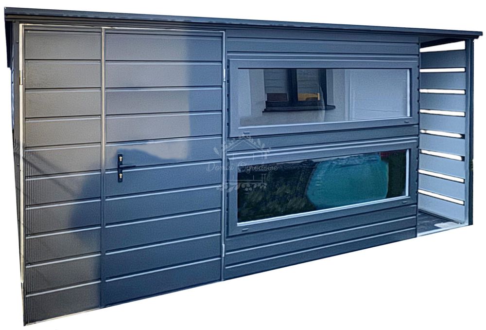 Schowek ogrodowy 3,8x2,5m wiata 0,7x2,5m 2x Okno antracyt rynny ID877