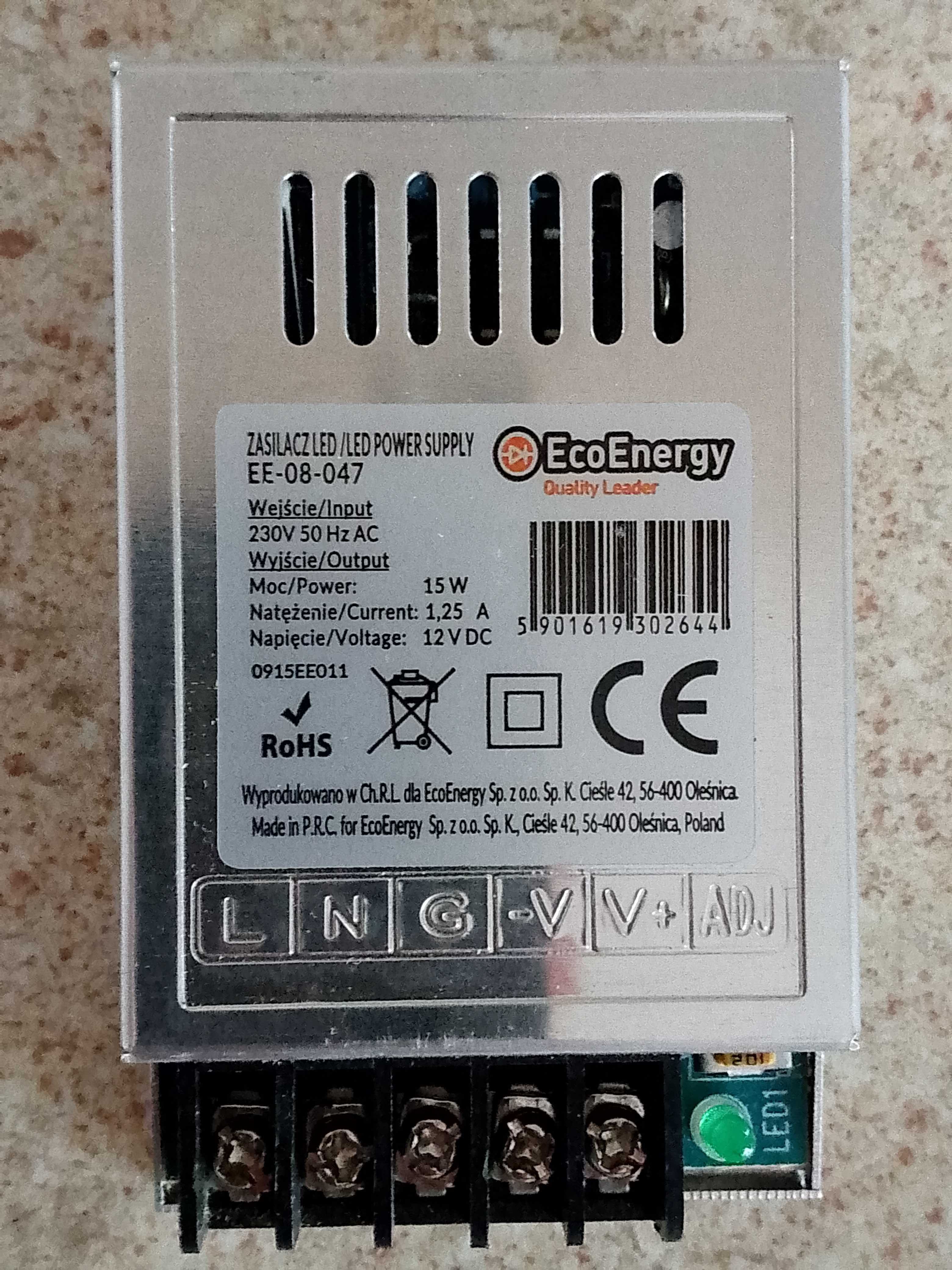 Zasilacz led power supply  12 V DC, 1,25 A, 15 W