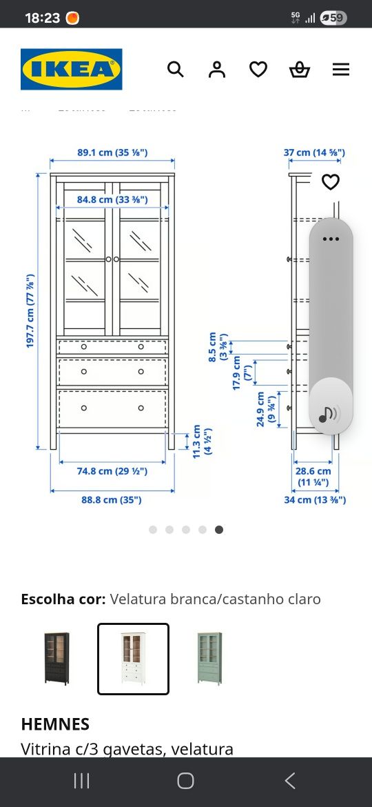 Vitrina com 3 gavetas com velatura branca, gama Hemnes IKEA