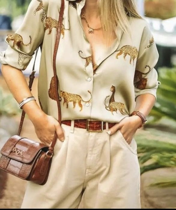 Шовкова сатинова блуза сорочка з леопардами Zara оригінал