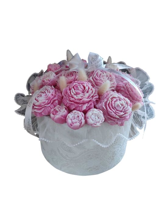 Bukiet świec Flower Box świec sojowych Wielki biało różowe piwonie