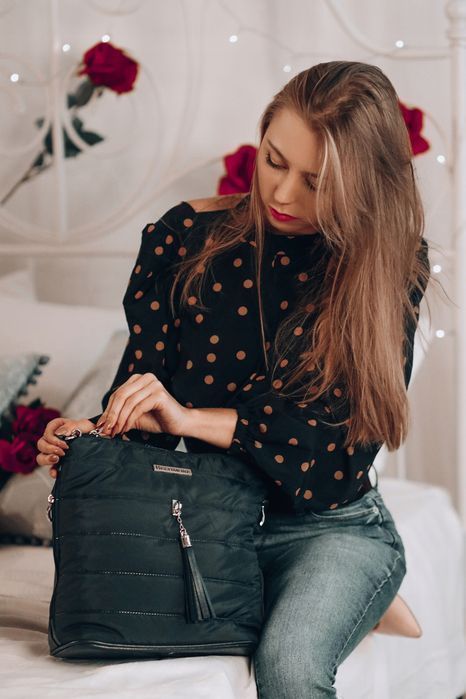 Ciemnozielona torebka pikowana torba damska pojemna shopperka duża A4