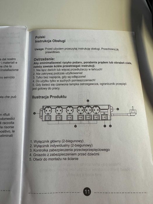 Dewenwils listwa zasilająca przedłużacz z 6 gniazdami kabel 2 metry