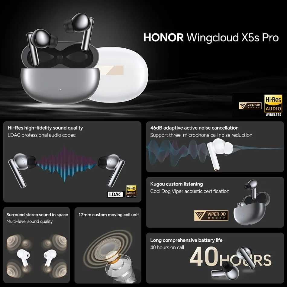 ⇒ HONOR Wingcloud X5s Pro - наушники tws c LDAC, ANC 46dB, 9/40часов