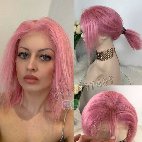 Парик нежно розовый натуральный волос (на сетке, можно делать хвост)