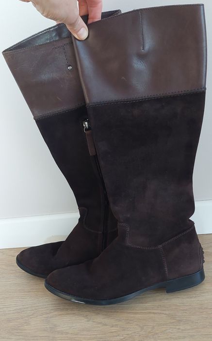 TOD'S r.37,5 brązowe kozaki zamsz+skóra licowa