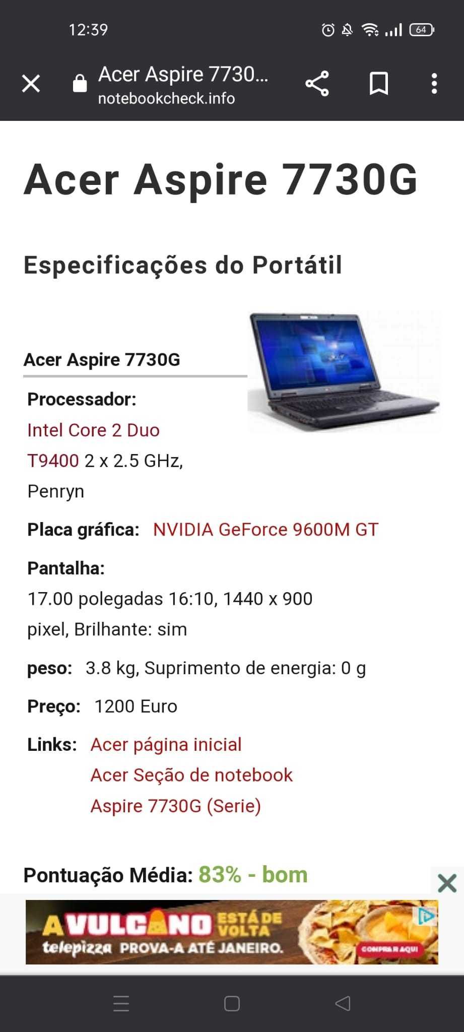 Portátil Acer Aspire 7730G com carregador