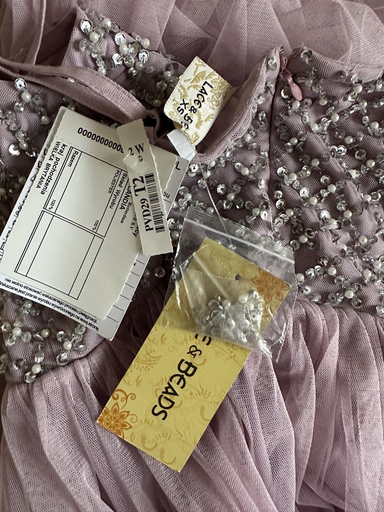 Lace beads midi leonorah sukienka zdobiona tiul wesele XS koraliki