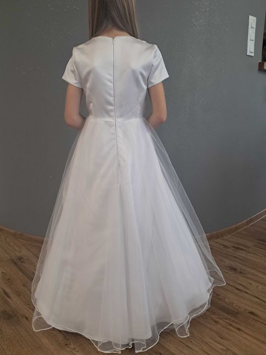 Sukienka komunijna, tiul, koronka, perełki, diamenciki