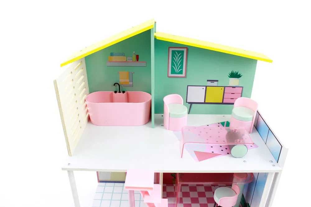 Drewniany domek dla lalek meble schodki taras Stella fashion
