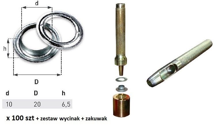 Oczka 100 szt do plandeki fi10 zakuwak + wycinak